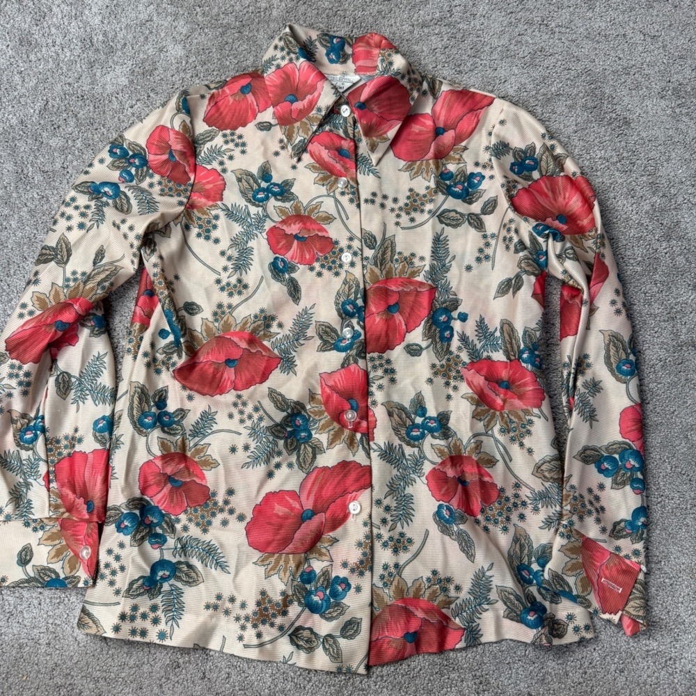 Vintage 60s 70s NPC Fashions Women's Medium Floral Long Sleeve Button Up